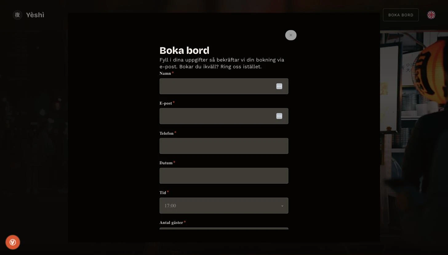 Bokningsrutan öppen ovanpå startsidan, med formulärfält för namn, datum och antal gäster.